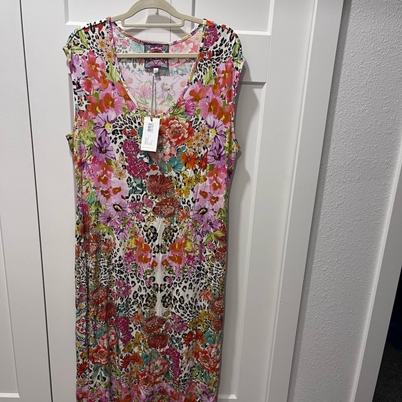 JOHNNY WAS NWT AUTHENTIC WILD GARDEN HIGH SLIT KNIT CAP SLEEVES MIDI DRESS - Picture 6 of 16